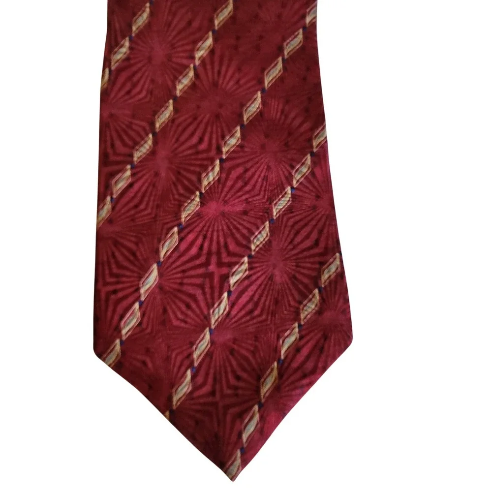 Bill Blass Necktie Mens‎ OS Burgundy Geometric Sunburst Silk Black Label Tie